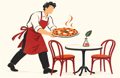 Illustrazione: un cameriere porta una pizza al tavolo