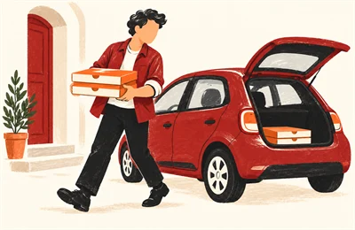 Illustrazione: un rider carica le pizze sull'auto aziendale